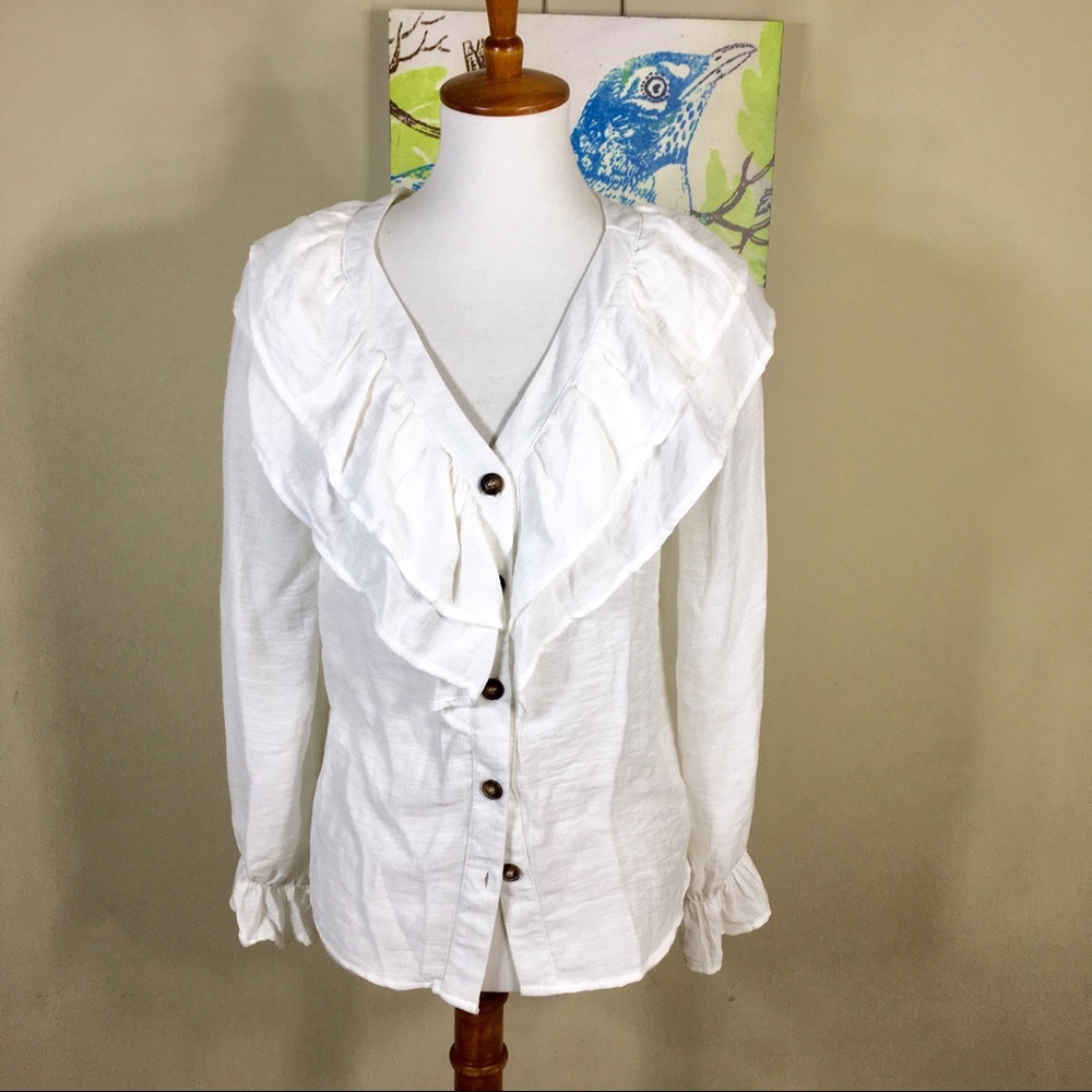 White Ruffle Button Down Top